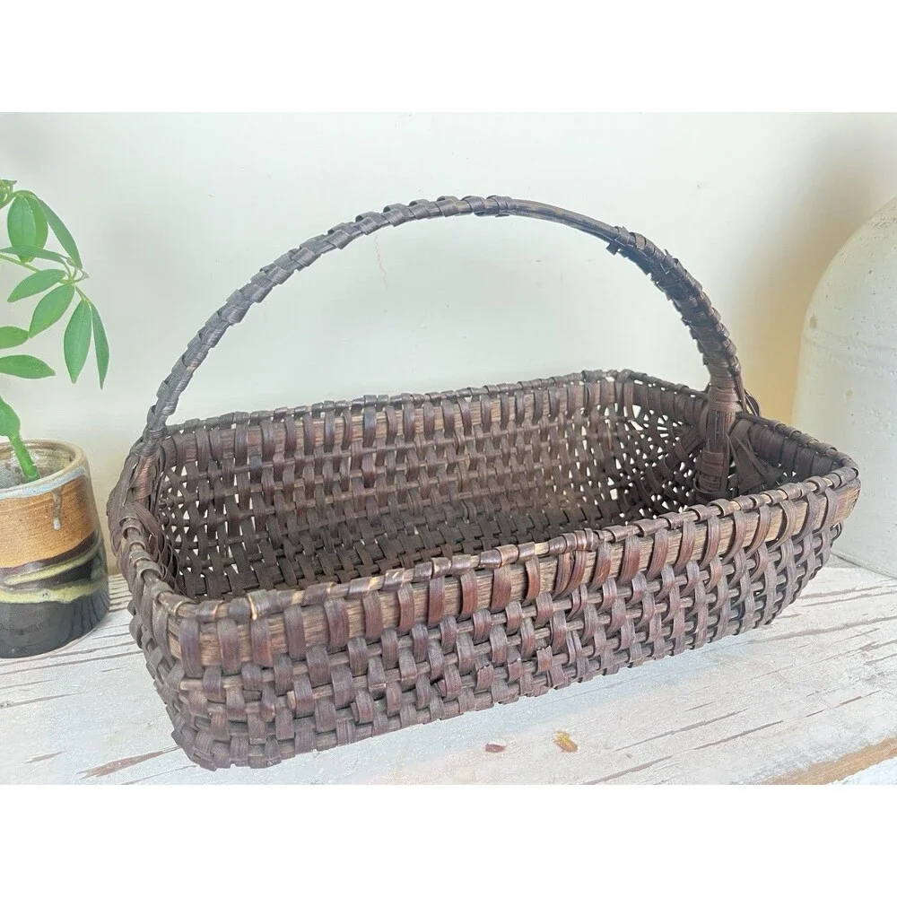 Antique Primitive Gathering Basket Dark Brown Woven Wicker Rectangular Rustic